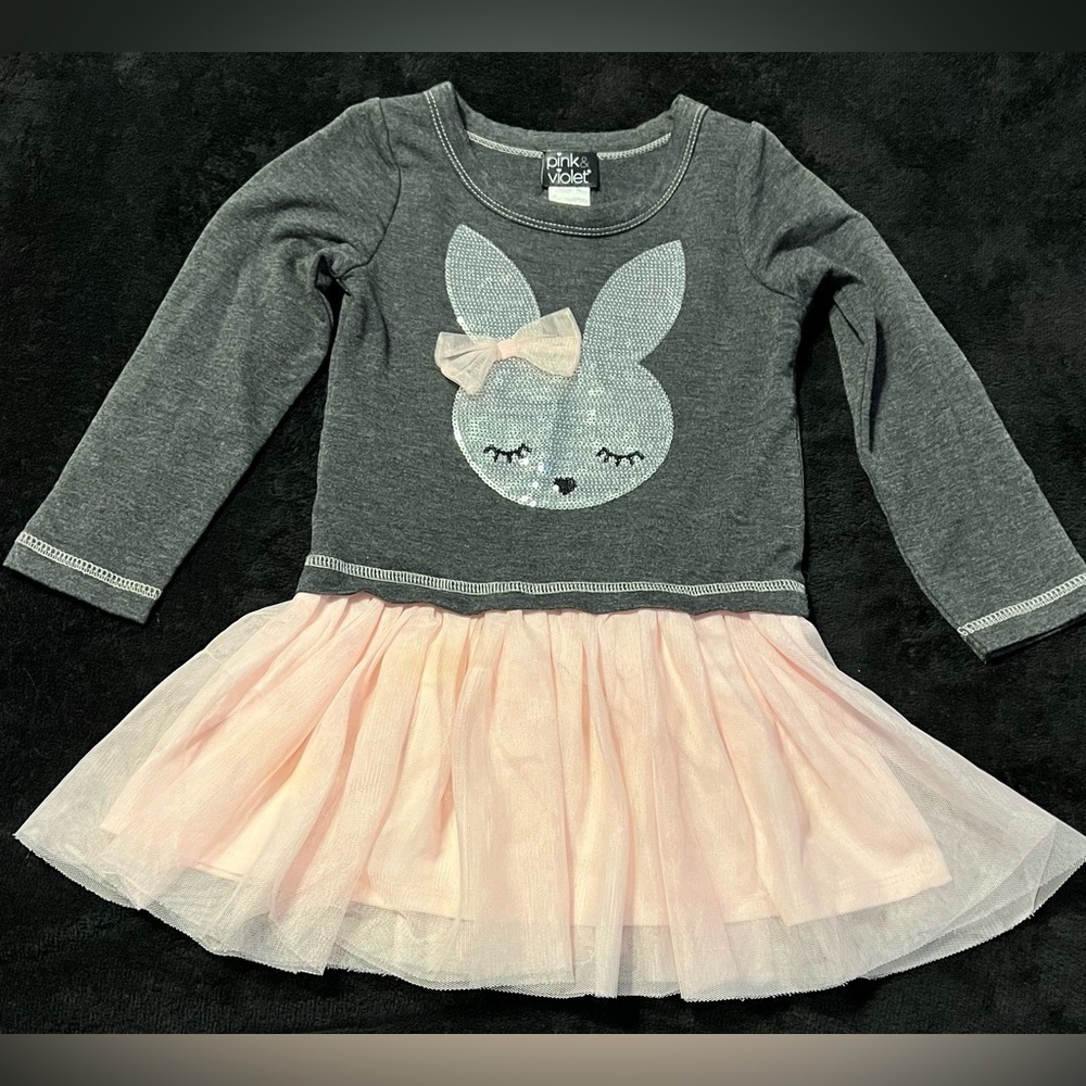 EUC Baby Girl Gray and Pink Long Sleeve Dress with Sequin Bunny size 4